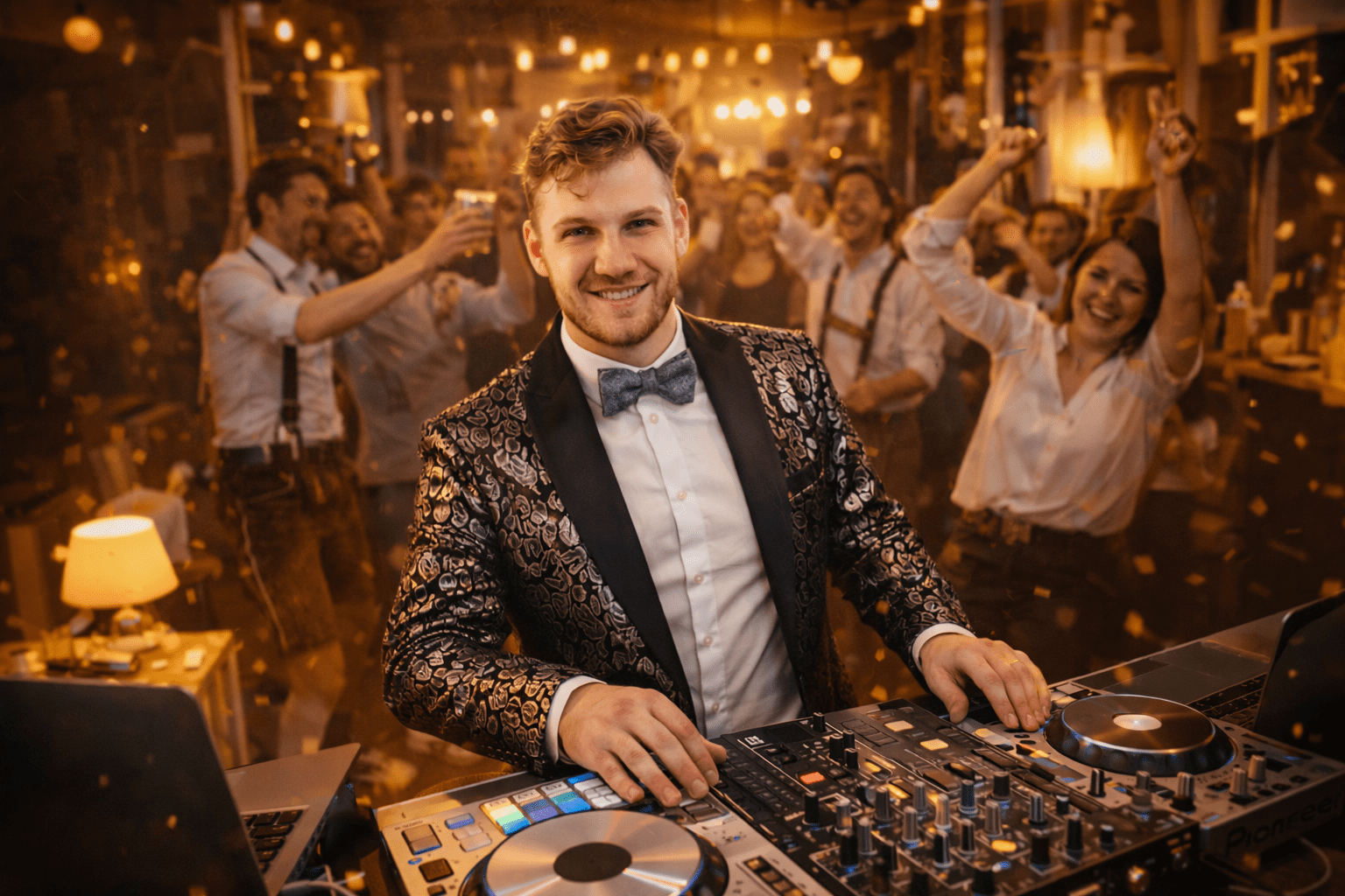 DJ Karl beim Auflegen auf einer Veranstaltung mit professionellem Sound- und Lichtsetup