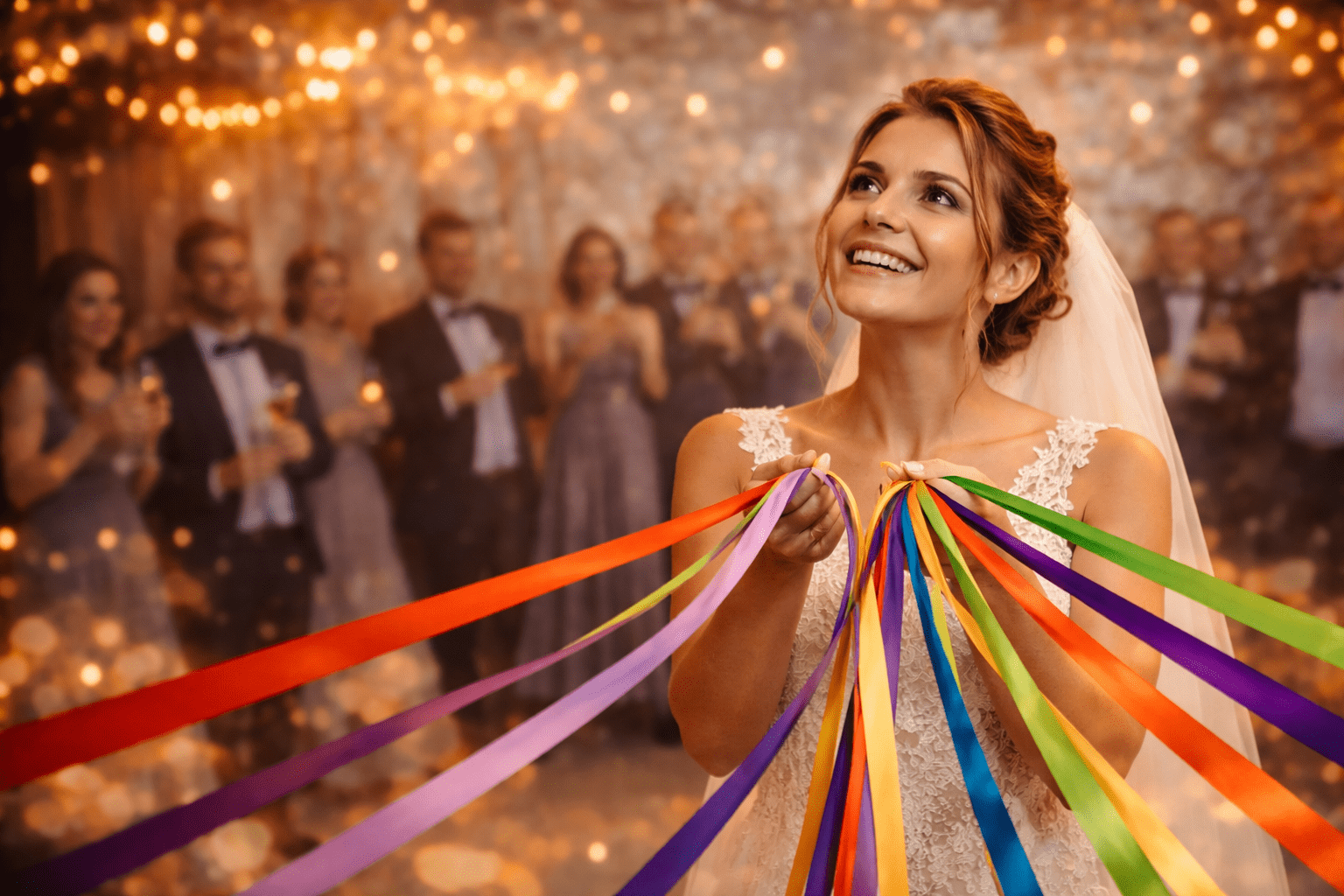 Braut in weißem Kleid hält bunte Bänder in einem festlich beleuchteten Hochzeitssaal, Gäste unscharf im Hintergrund.