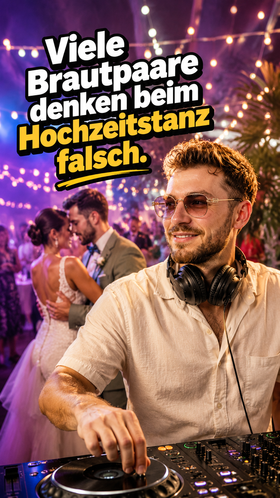 DJ Karl Berg legt auf einer Hochzeitsfeier auf, während im Hintergrund ein Brautpaar tanzt. Das Bild zeigt eine festliche Atmosphäre mit stimmungsvoller Beleuchtung und einer gut gefüllten Tanzfläche.